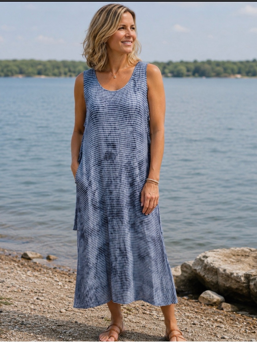 Chico’s Striped Tye Dyed Blue and white Sleeveless Maxi Dress 12P